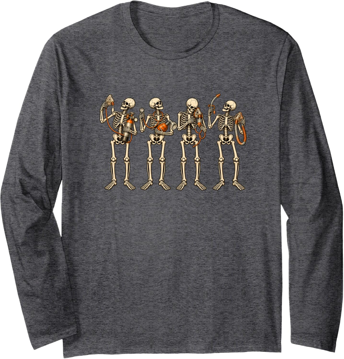 Halloween Respiratory Therapist Skeleton RT Care Nurse Long Sleeve T-Shirt - Adult Unisex Dark Heather Grey