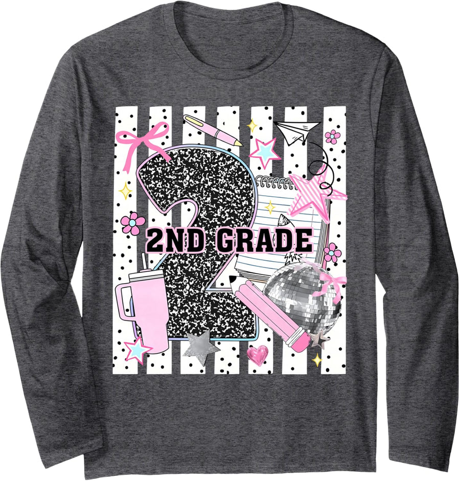 Back to School 2nd Grade Pink Coquette Bow Teacher Kid Long Sleeve T-Shirt - Adult Unisex Dark Heather Grey