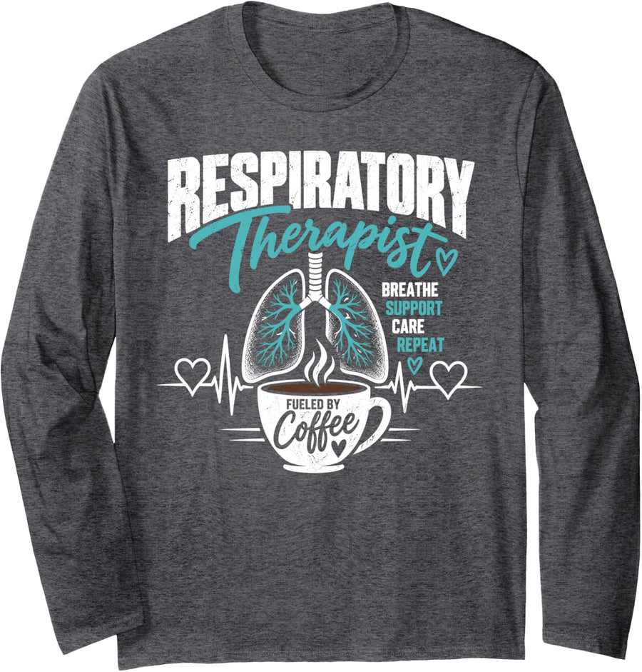 Respiratory Therapist Breathe Support Care Long Sleeve T-Shirt - Adult Unisex Dark Heather Grey