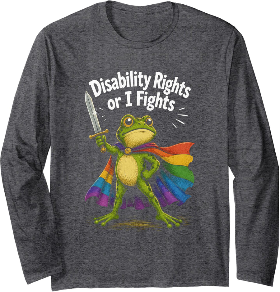 Disability Rights or I Fights - Frog Superhero Rainbow Cape Long Sleeve T-Shirt - Adult Unisex Dark Heather Grey