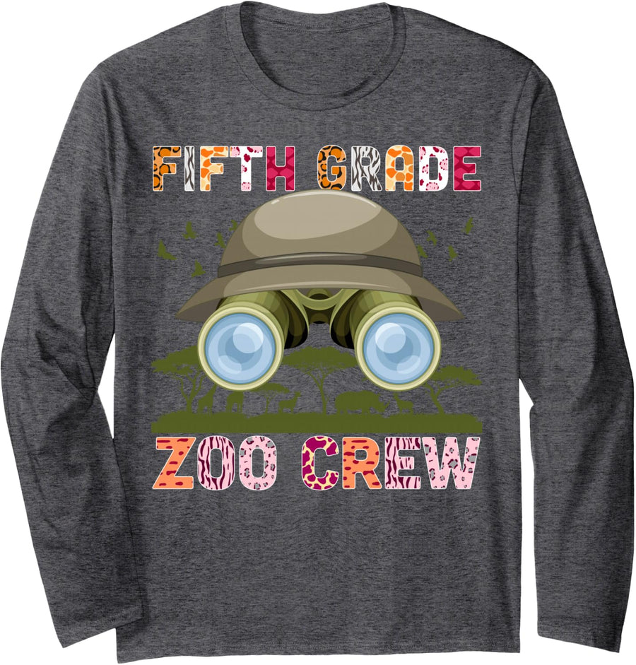Field Zoo Trip Shirt for Teacher, Fifth Grade Crew Long Sleeve T-Shirt - Adult Unisex Dark Heather Grey