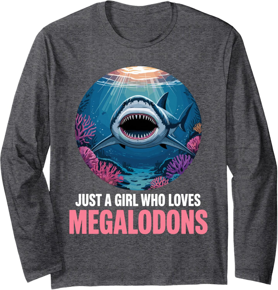 Cute Megalodon Art for Girls Women Prehistoric Shark Lover Long Sleeve T-Shirt - Adult Unisex Dark Heather Grey