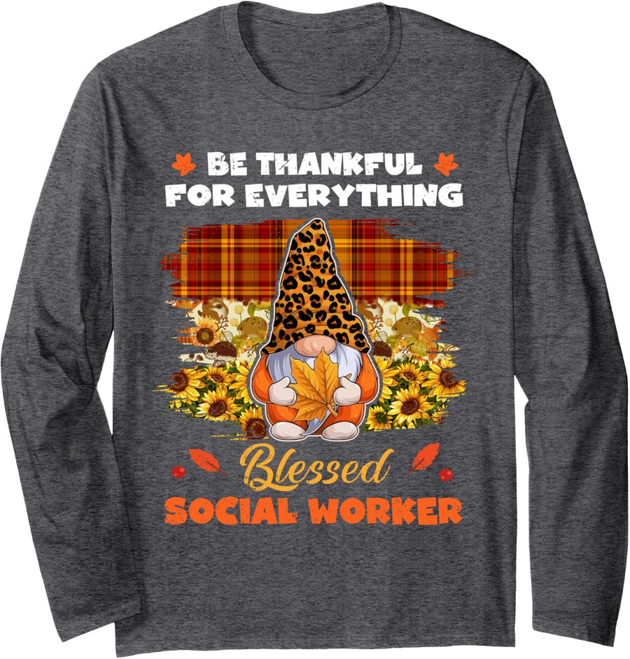 Thankful Blessed Social Worker Gnome Thanksgiving Long Sleeve T-Shirt - Adult Unisex Dark Heather Grey