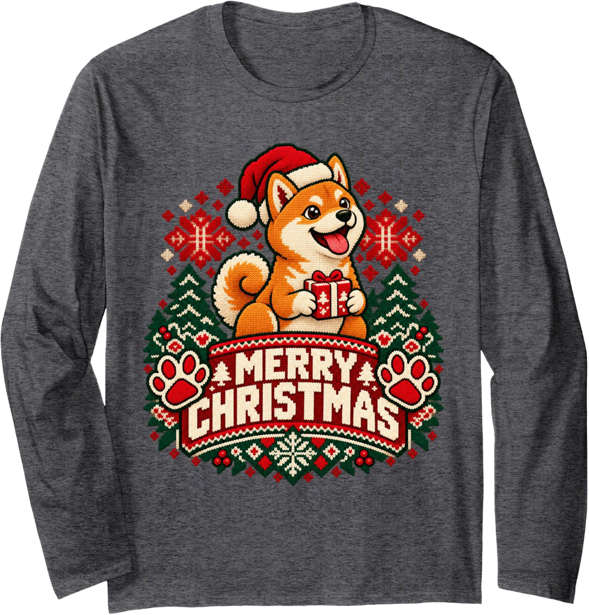 Merry Christmas Shiba Inu Cheerful Roaring Festive Winter Long Sleeve T-Shirt - Adult Unisex Dark Heather Grey