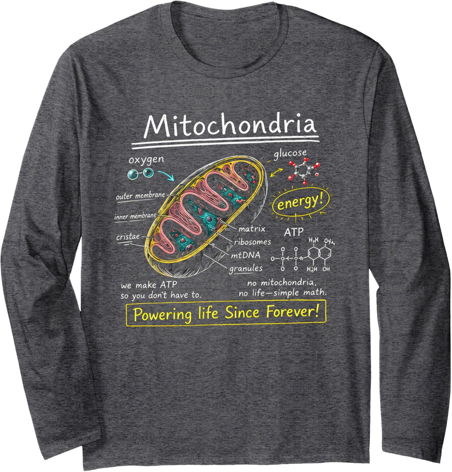 Biologist Tshirt Mitochondria Cell Funny Gift Powerhouse Men Long Sleeve T-Shirt - Adult Unisex Dark Heather Grey