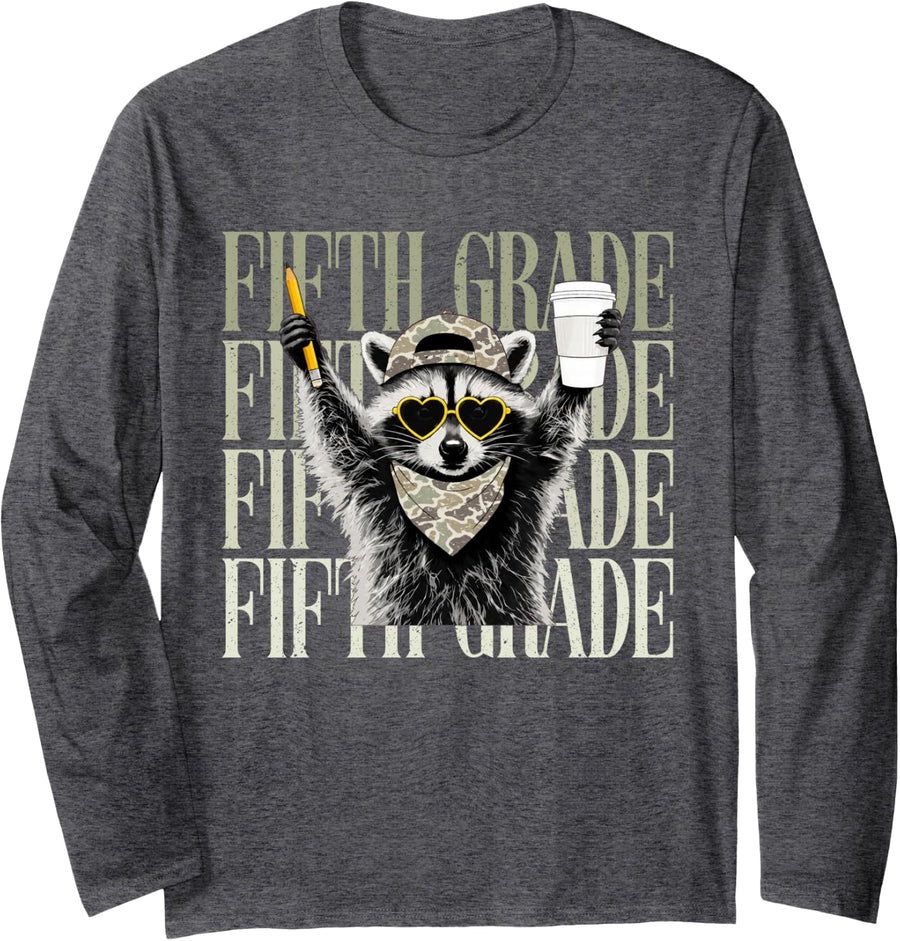 Camo Fifth Grade Feral Raccoon Teacher Cute Back to School Long Sleeve T-Shirt - Adult Unisex Dark Heather Grey
