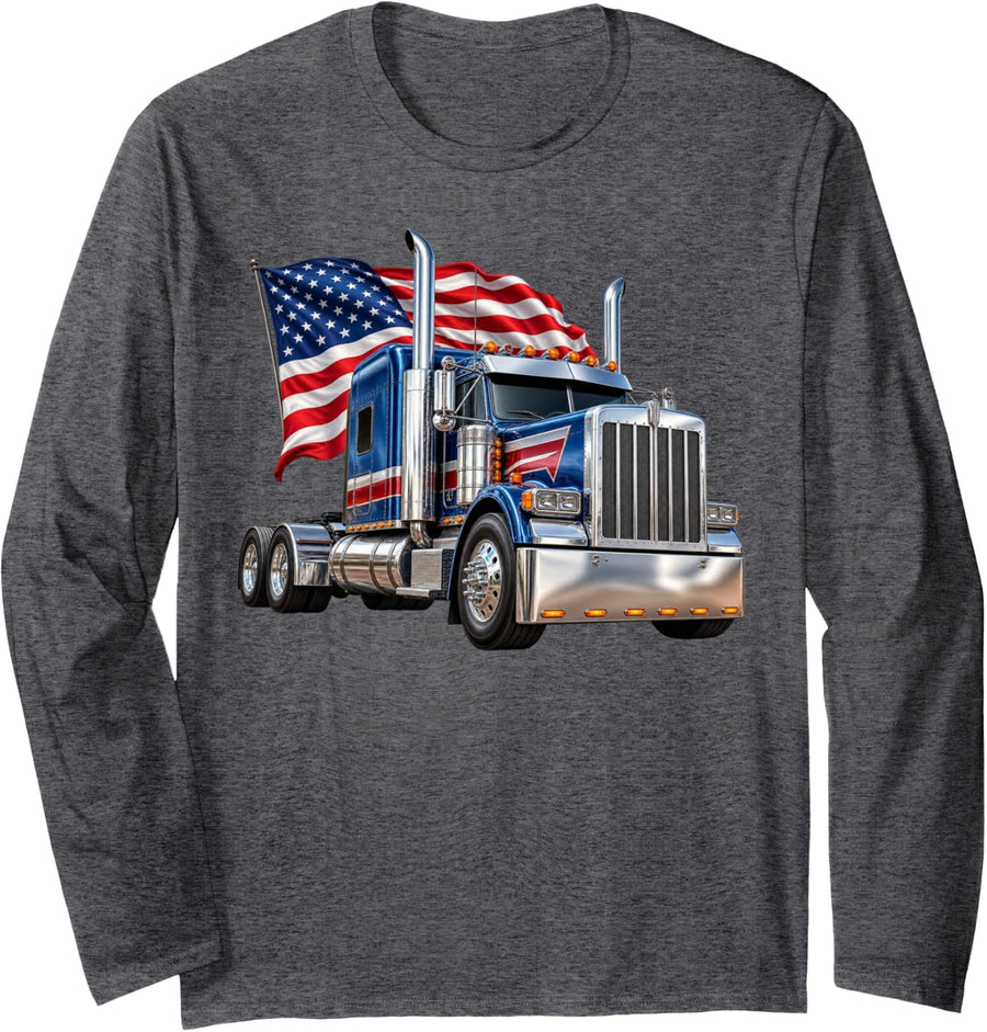 Patriotic Truck Driver USA Flag 4th of July Trucking Long Sleeve T-Shirt - Adult Unisex Dark Heather Grey