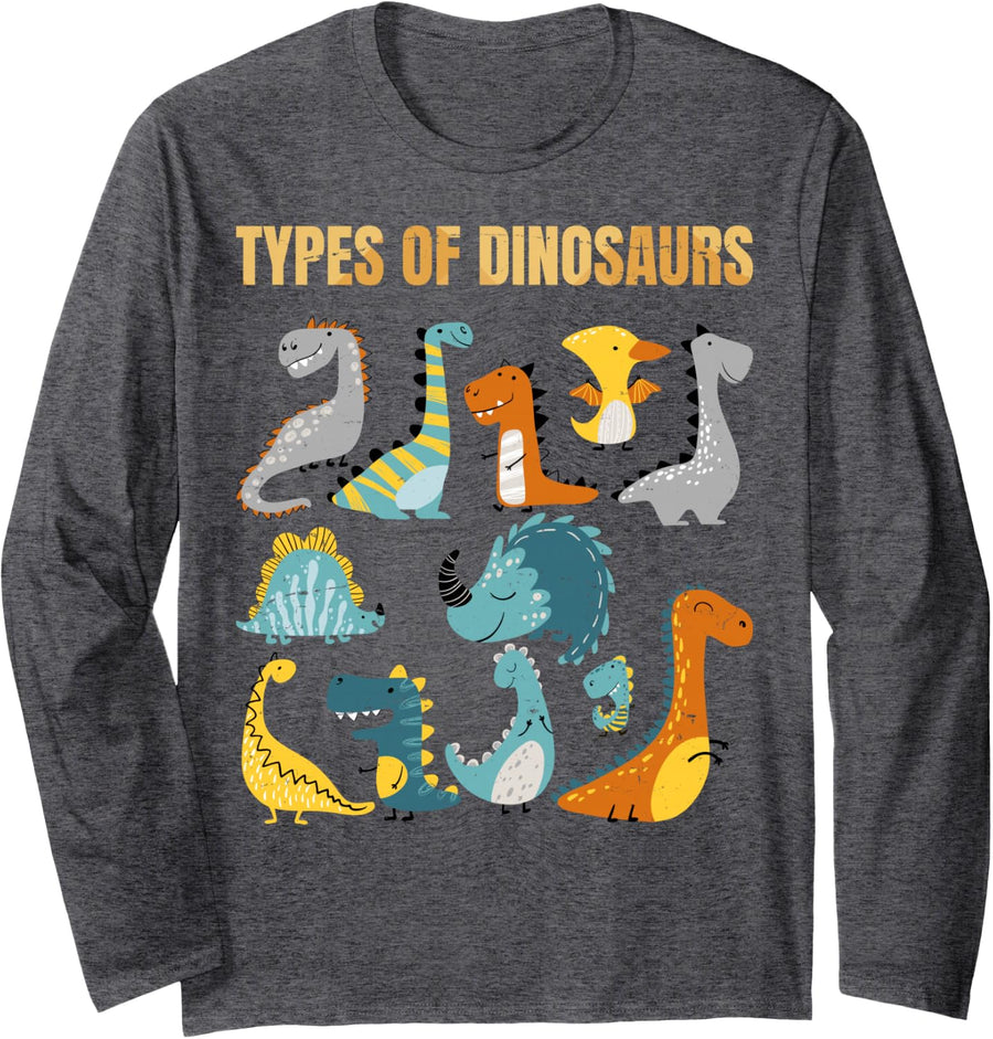 Types of Dinosaurs Cute Cartoon Dino Design Long Sleeve T-Shirt - Adult Unisex Dark Heather Grey