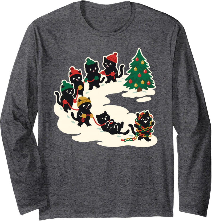 Cat Christmas Funny Black Holiday Teacher Preschool Canvas Long Sleeve T-Shirt - Adult Unisex Dark Heather Grey