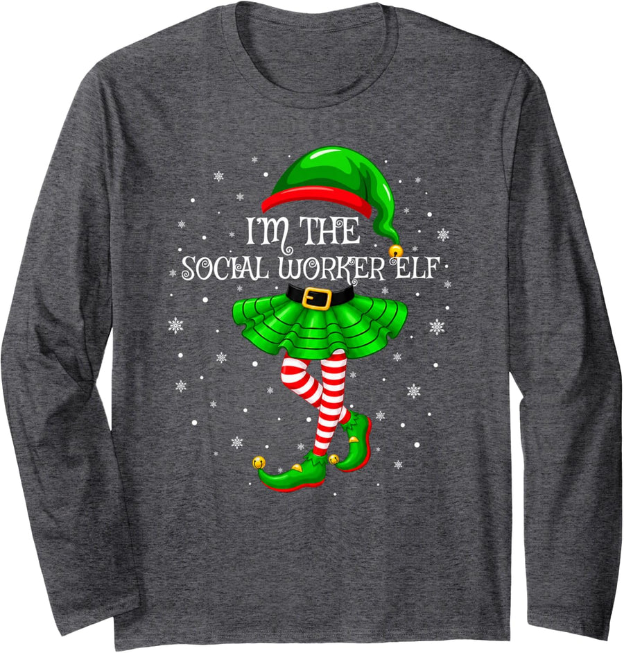 I'm the Social Worker Elf Matching Group Christmas Elf Squad Long Sleeve T-Shirt - Adult Unisex Dark Heather Grey