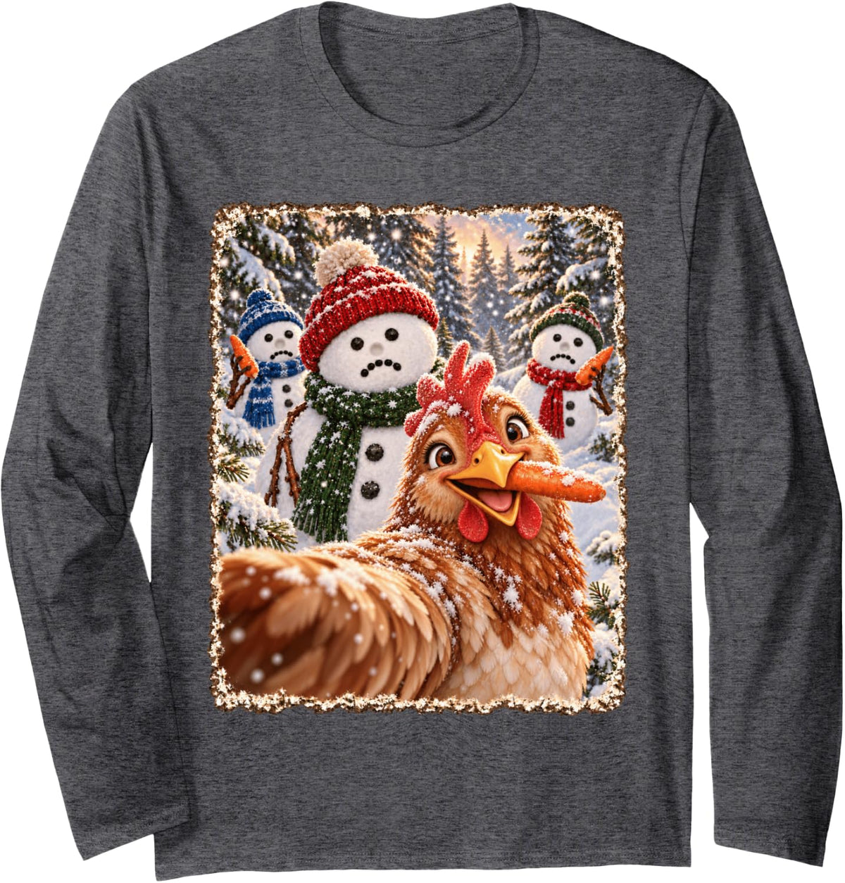 Funny Chicken Joyful Christmas Snowman Selfie Long Sleeve T-Shirt - Adult Unisex Dark Heather Grey