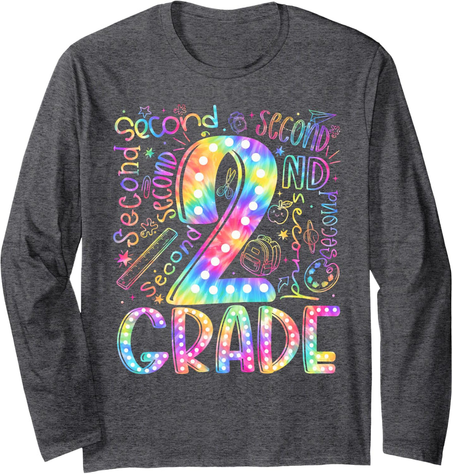 Back to School 2nd Second Grade Tie Dye Teacher Kids Long Sleeve T-Shirt - Adult Unisex Dark Heather Grey