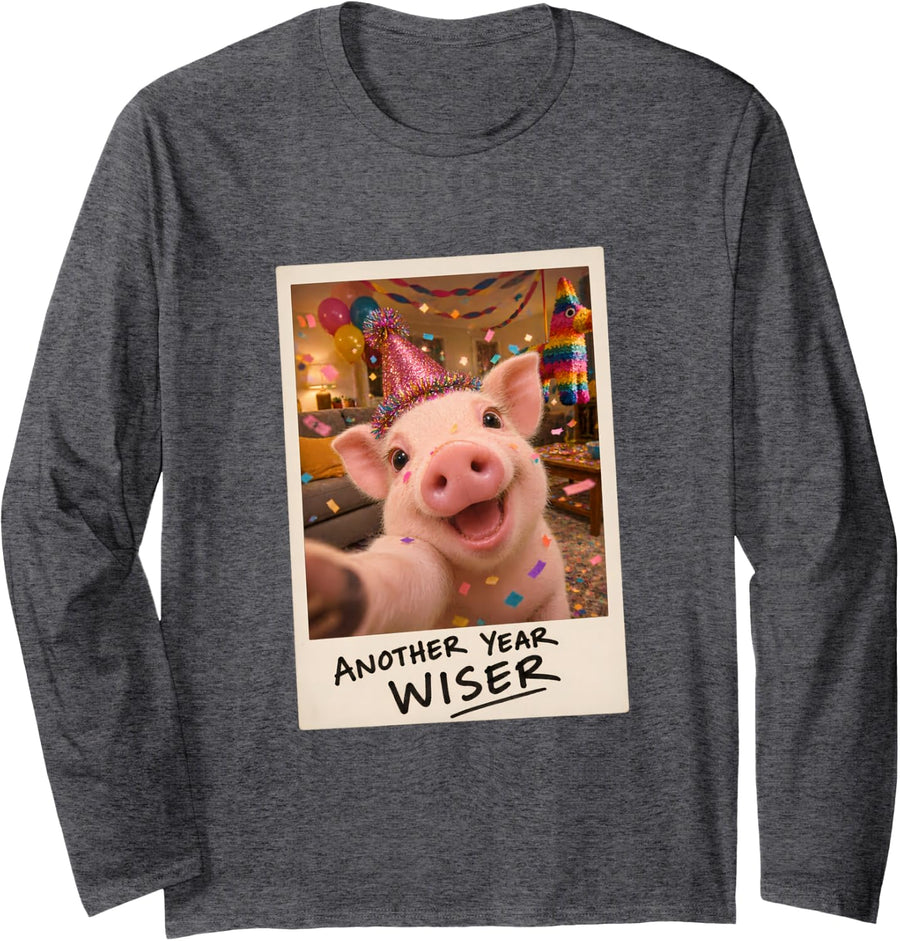 Another Year Wiser Funny Birthday Pig Selfie Long Sleeve T-Shirt - Adult Unisex Dark Heather Grey