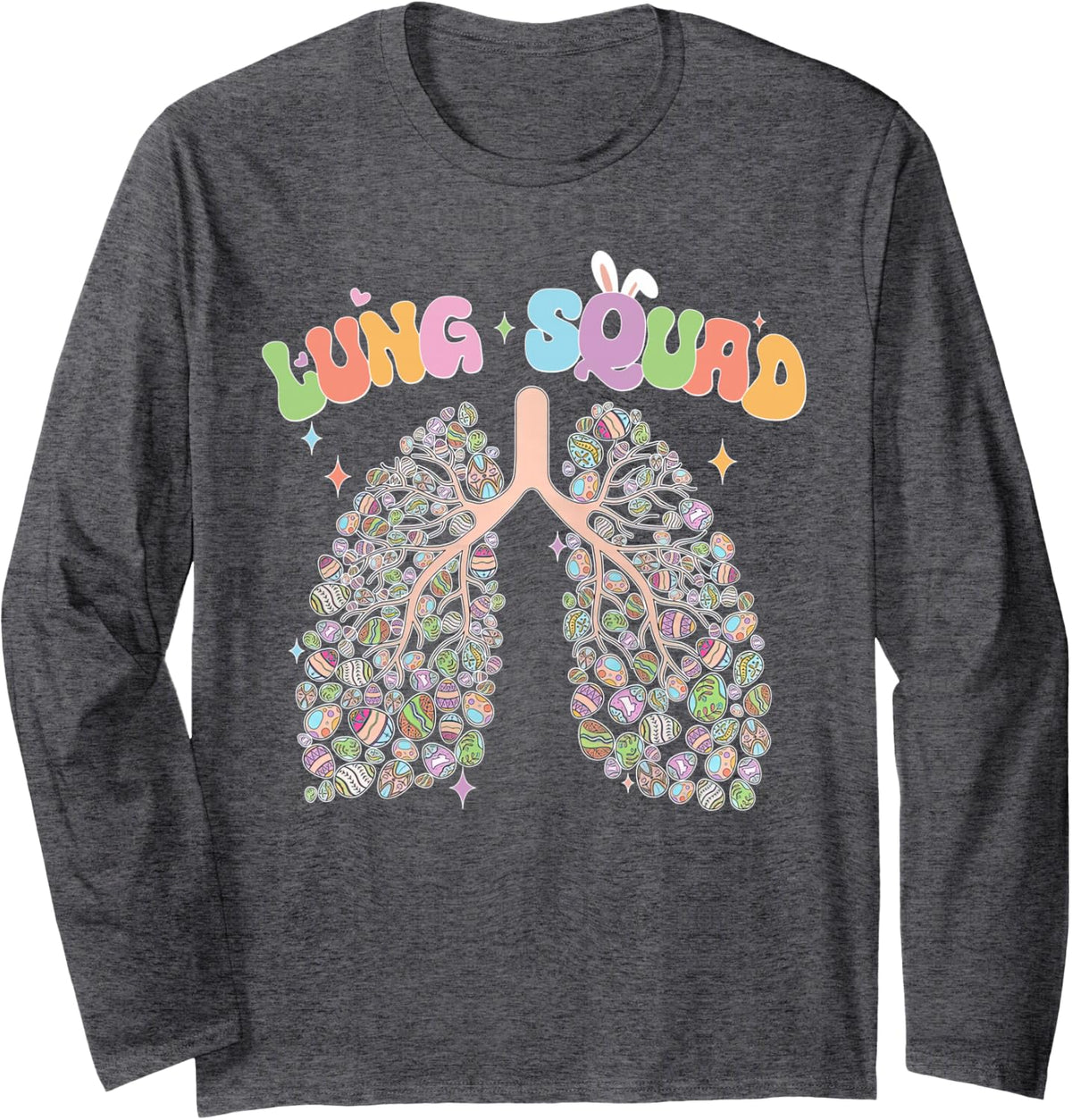 Happy Easter Bunny Eggs Lung Squad RT Respiratory Therapist Long Sleeve T-Shirt - Adult Unisex Dark Heather Grey