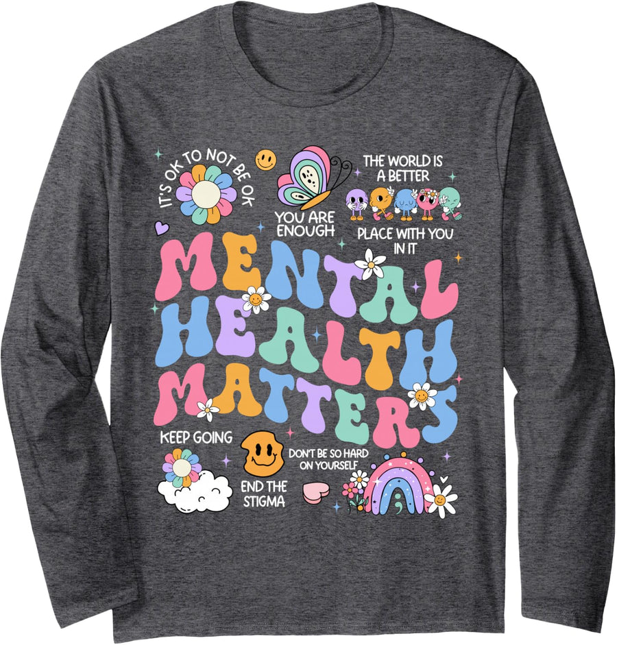 Mental Health Matters Human Brain Illness Awareness Long Sleeve T-Shirt - Adult Unisex Dark Heather Grey