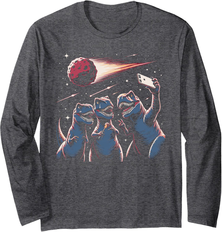 Dinosaurs T-Rex Selfie Meteor Funny Dinosaur Meme Long Sleeve T-Shirt - Adult Unisex Dark Heather Grey