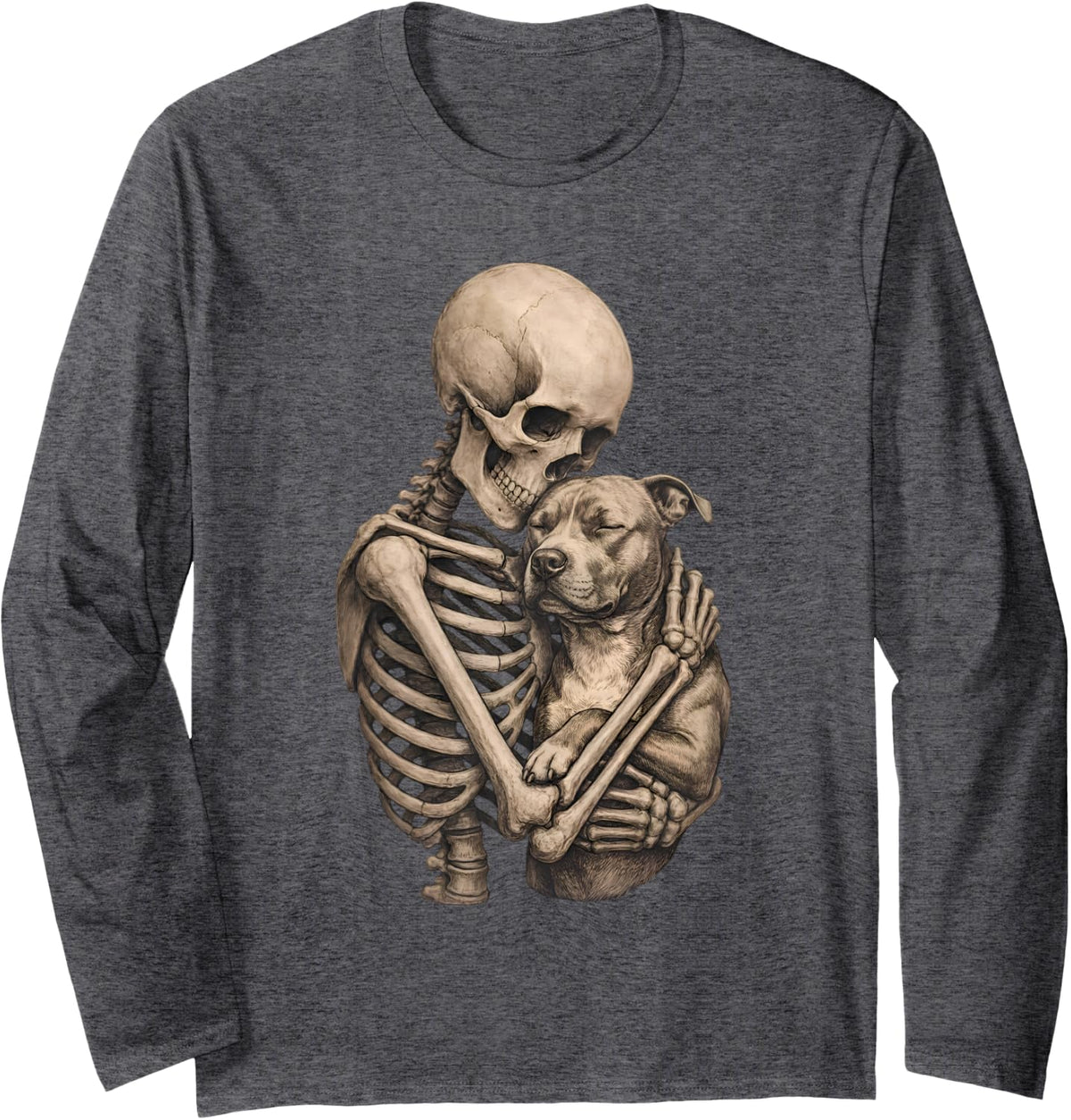 Halloween Gothic Pitbull Skeleton Spooky Dog Owner Hugging Long Sleeve T-Shirt - Adult Unisex Dark Heather Grey