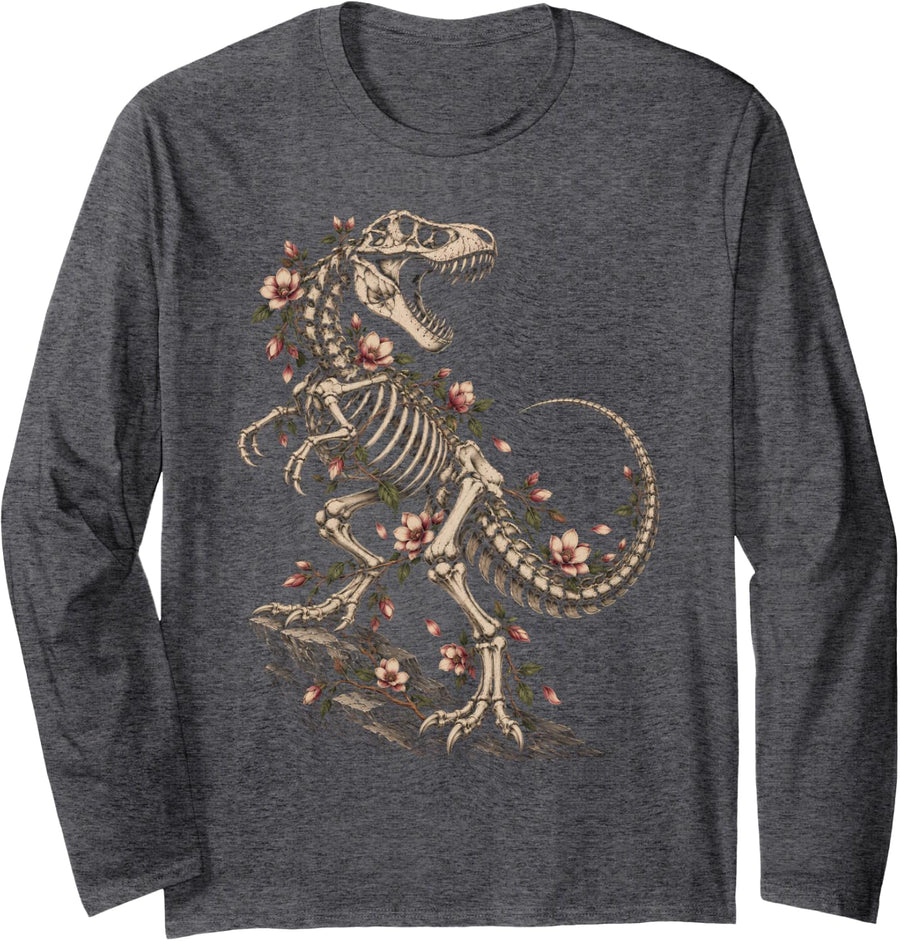 Floral Tee Rex Skeleton Pink Flowers Dinosaur Botanical Art Long Sleeve T-Shirt - Adult Unisex Dark Heather Grey