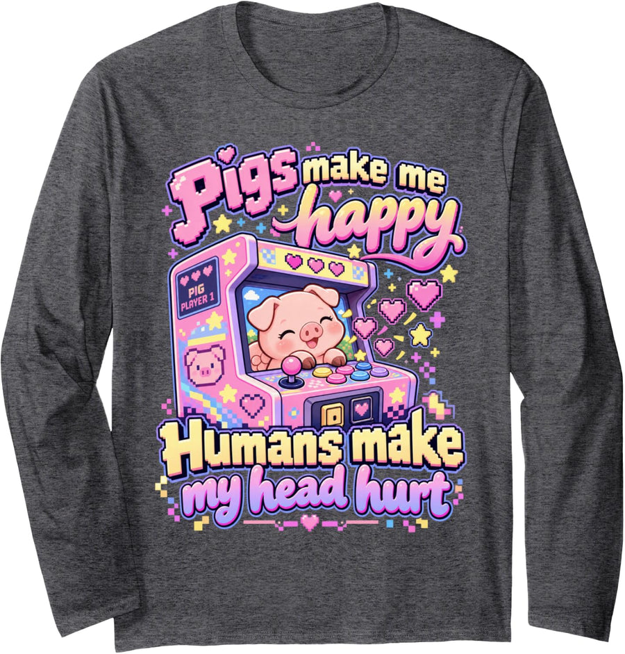 Pigs Make Me Happy Kawaii Piglet Funny Piggy Retro Arcade Long Sleeve T-Shirt - Adult Unisex Dark Heather Grey