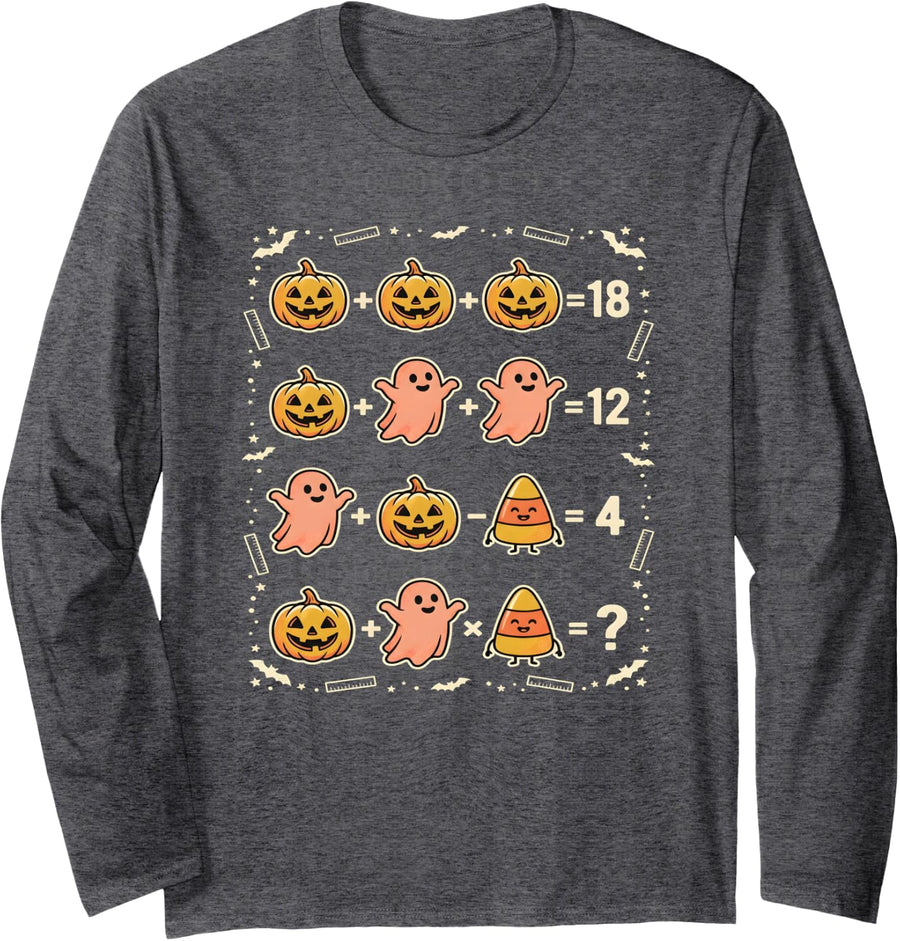 Spooky Halloween Math Puzzle Equations Math Teacher Lover Long Sleeve T-Shirt - Adult Unisex Dark Heather Grey