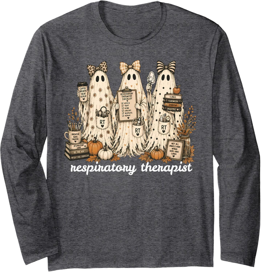 Halloween Respiratory Therapist Ghosts Floral Leaf Pumpkin Long Sleeve T-Shirt - Adult Unisex Dark Heather Grey