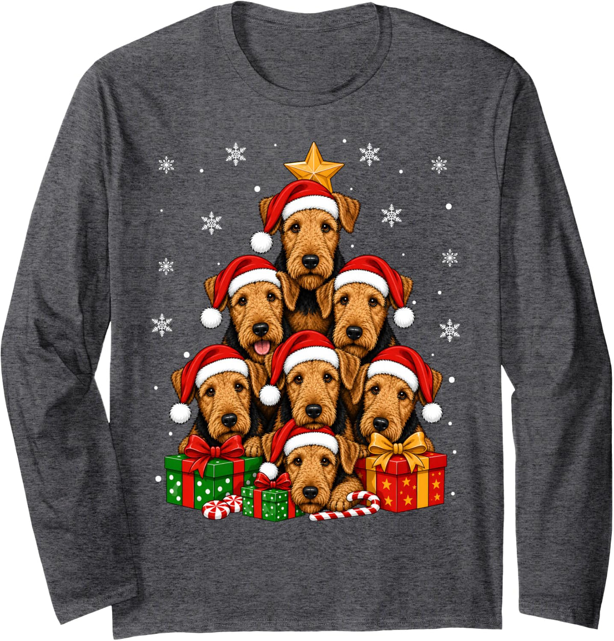 Airedale Terrier Dog Christmas Tree Cute Festive Puppy Xmas Long Sleeve T-Shirt - Adult Unisex Dark Heather Grey