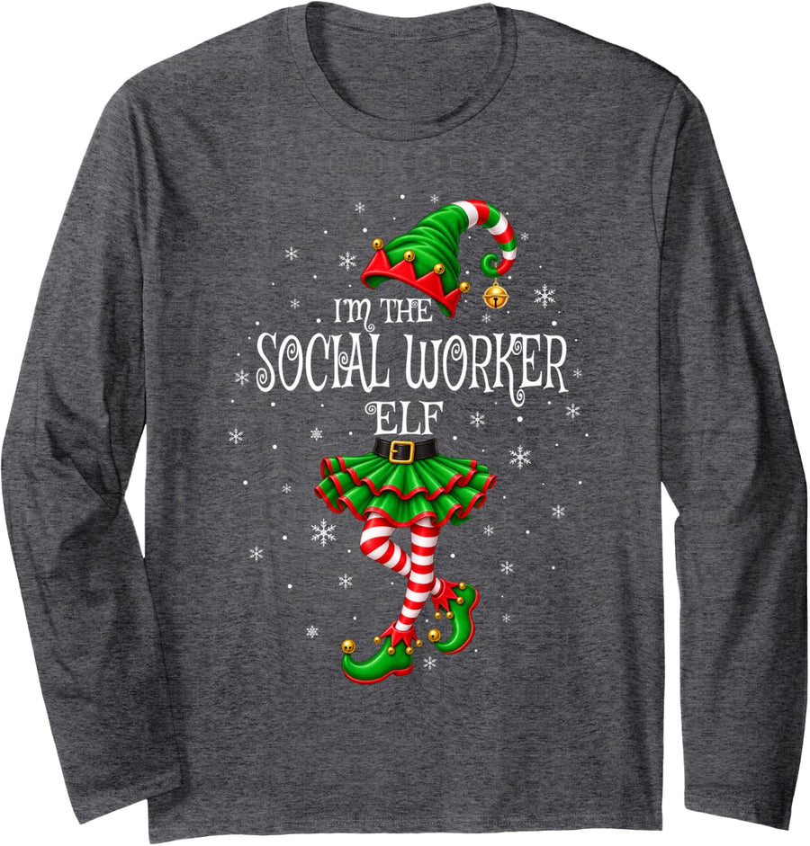 Family Matching Men Women I'm The Social Worker Elf Xmas Long Sleeve T-Shirt - Adult Unisex Dark Heather Grey