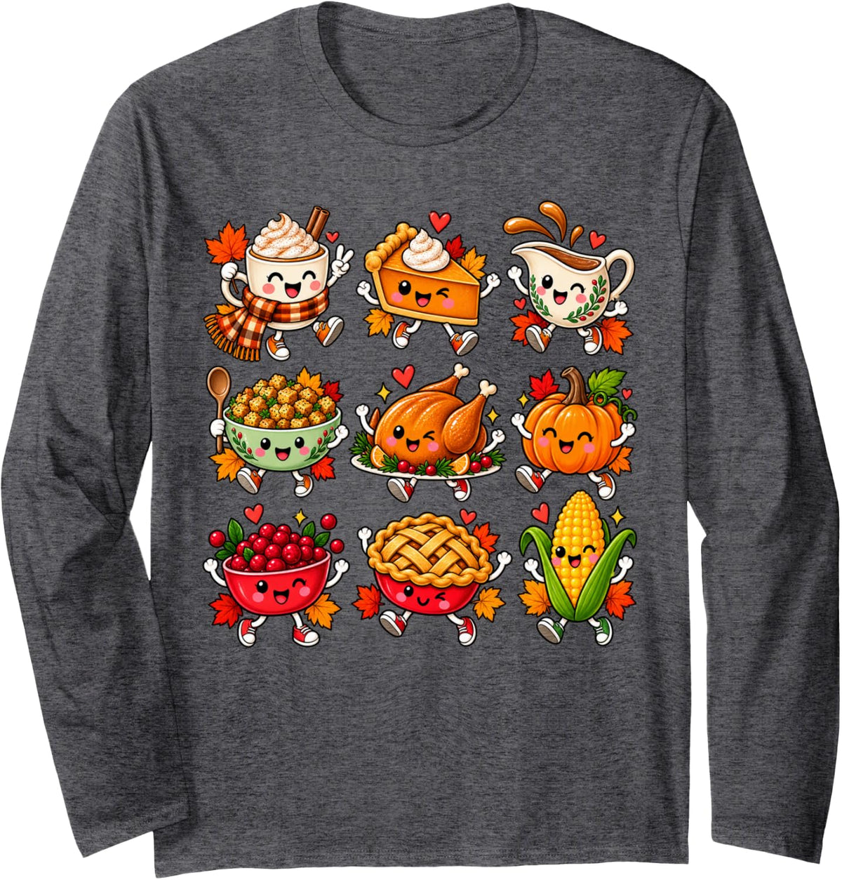 Cute Thanksgiving Food Friendsgiving Turkey Pumpkin Pie Long Sleeve T-Shirt - Adult Unisex Dark Heather Grey