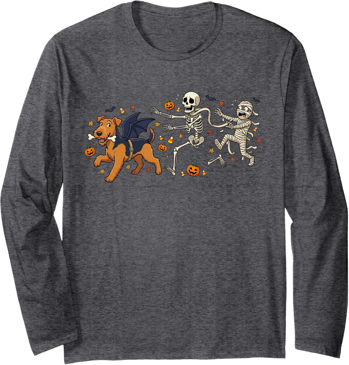 Airedale Terrier Skeleton Mummy Halloween Kids Mens Womens Long Sleeve T-Shirt - Adult Unisex Dark Heather Grey