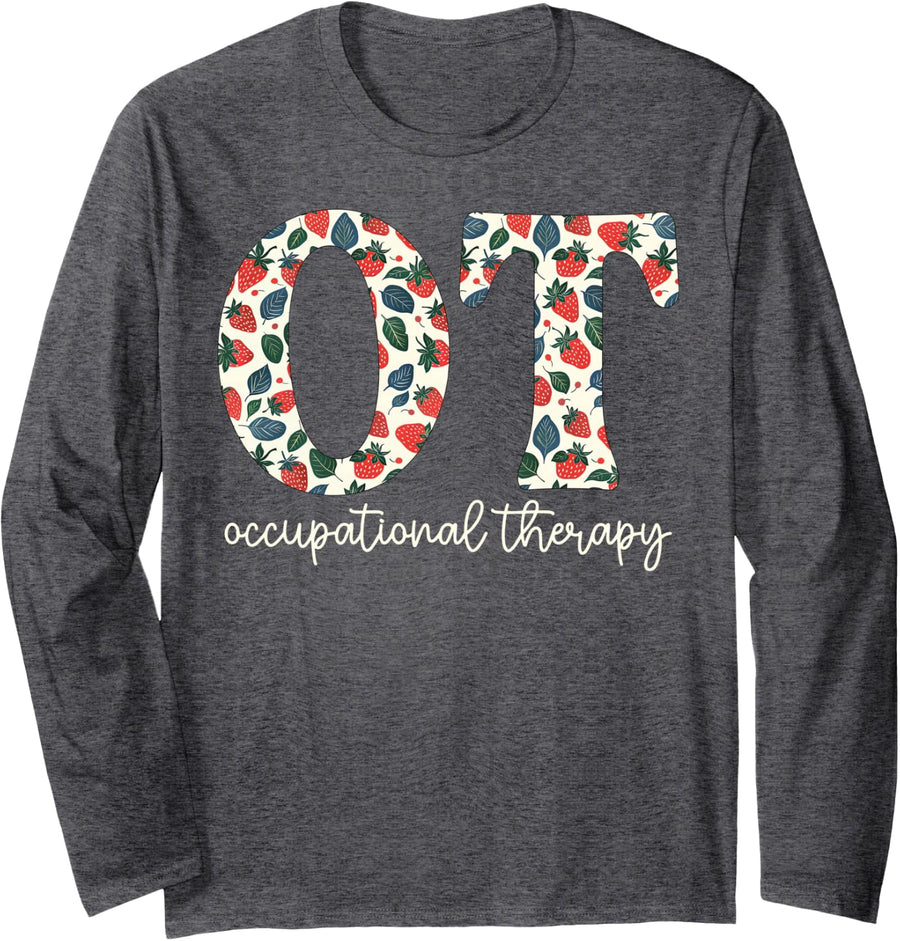 Retro Occupational Therapy Therapist Strawberry OT Month Long Sleeve T-Shirt - Adult Unisex Dark Heather Grey