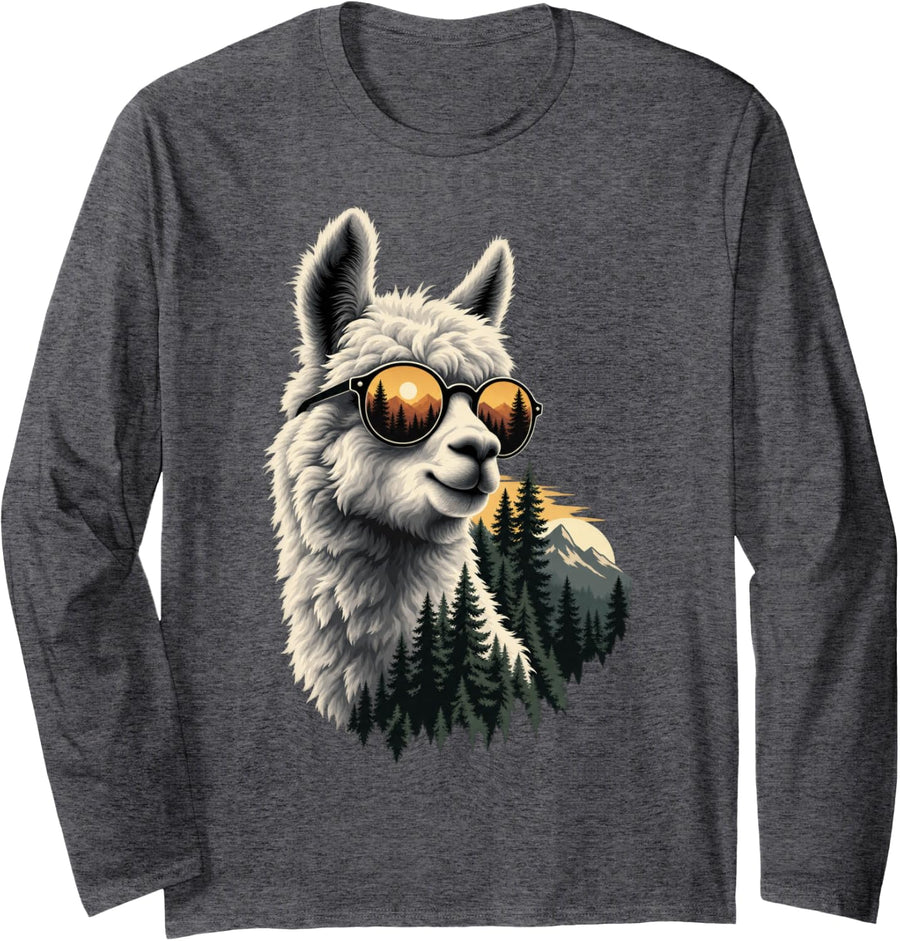 Alpaca with Sunglasses Cartoon Animal Graphic Long Sleeve T-Shirt - Adult Unisex Dark Heather Grey