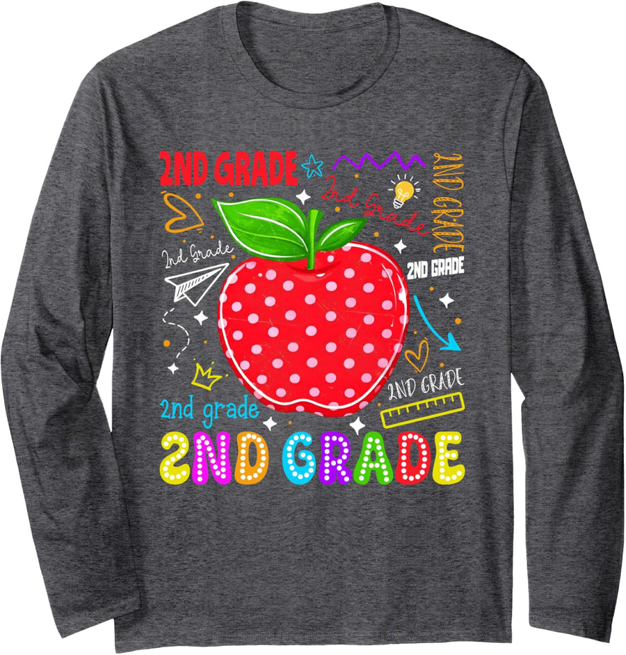 Second Grade Apple Typography Back to School Student Teacher Long Sleeve T-Shirt - Adult Unisex Dark Heather Grey