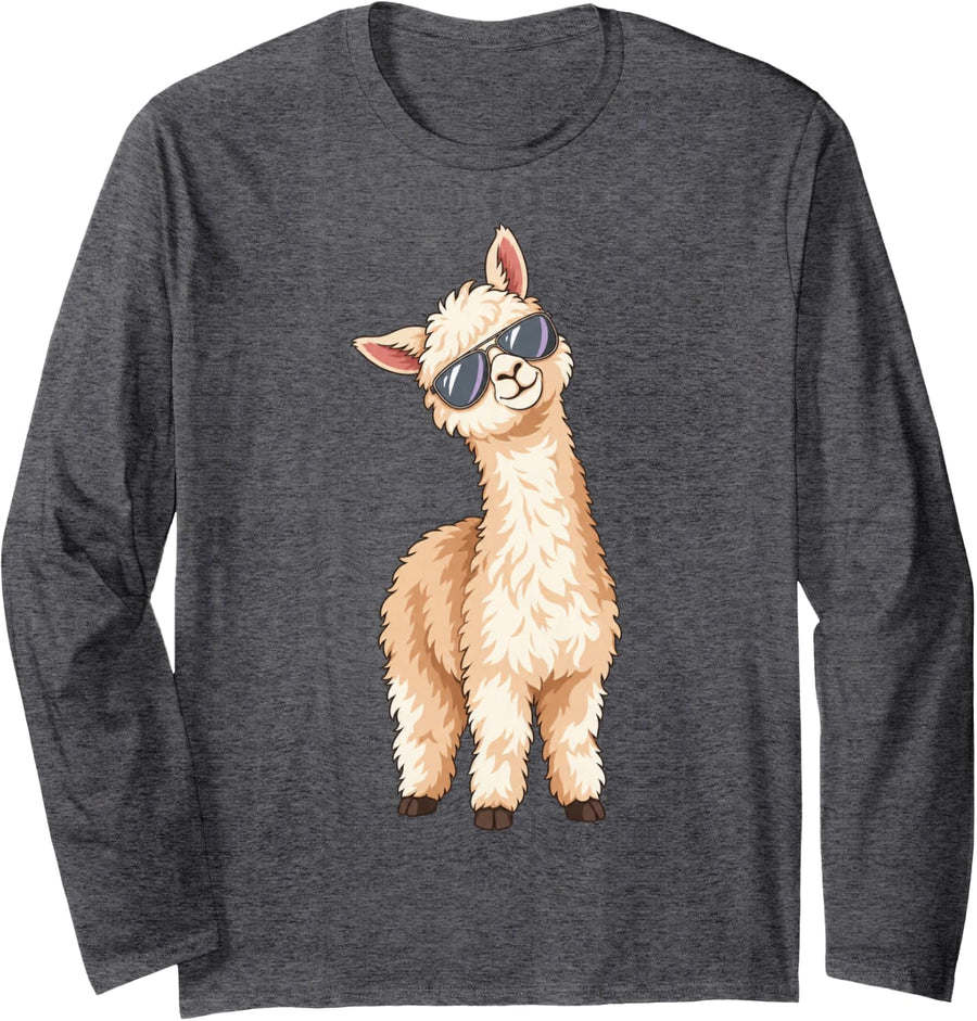 Fluffy Alpaca in Aviator Sunglasses Long Sleeve T-Shirt - Adult Unisex Dark Heather Grey