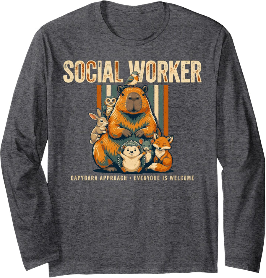 Social Worker Capybara Approach Everyone is Welcome Long Sleeve T-Shirt - Adult Unisex Dark Heather Grey