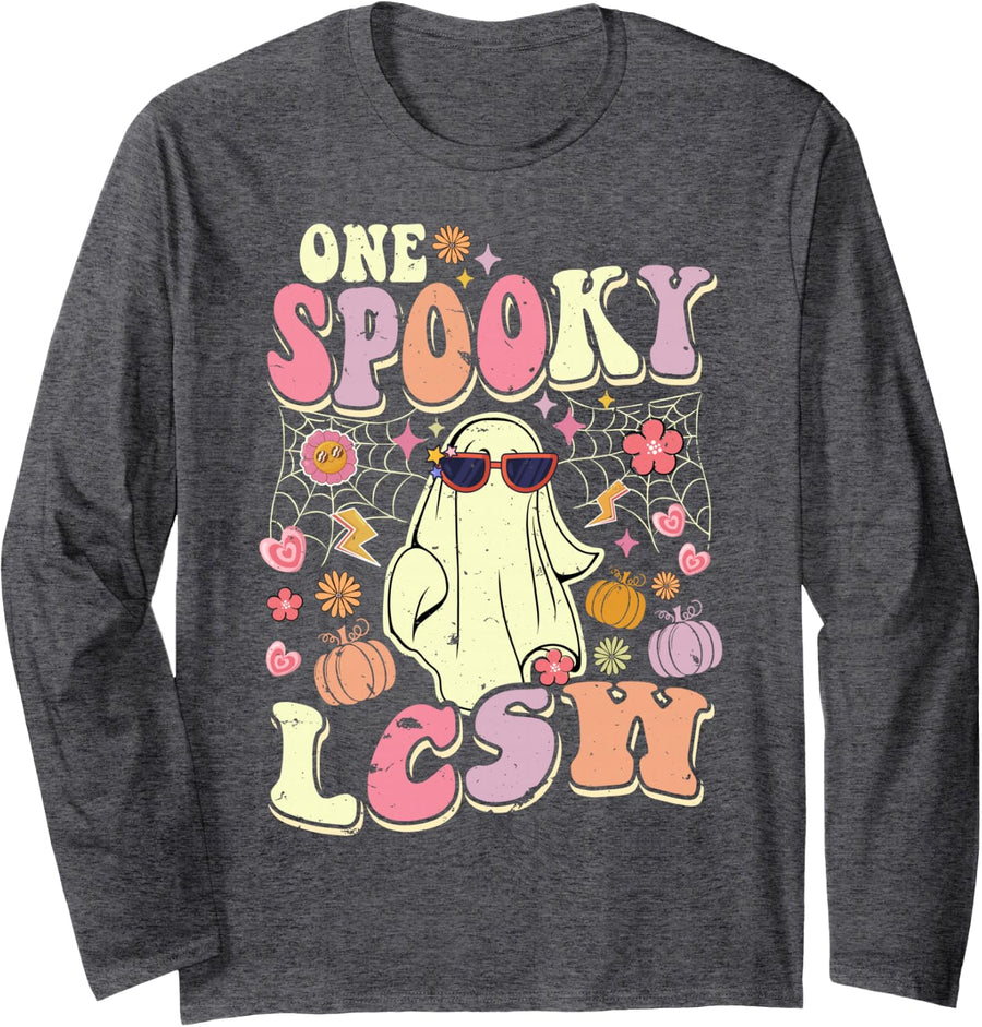 One Spooky LCSW Halloween Ghost Clinical Social Worker Long Sleeve T-Shirt - Adult Unisex Dark Heather Grey