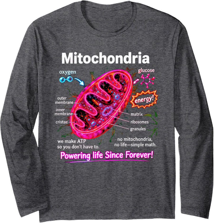 Biology Tshirt Mitochondria Cell Funny Science Biologist Men Long Sleeve T-Shirt - Adult Unisex Dark Heather Grey