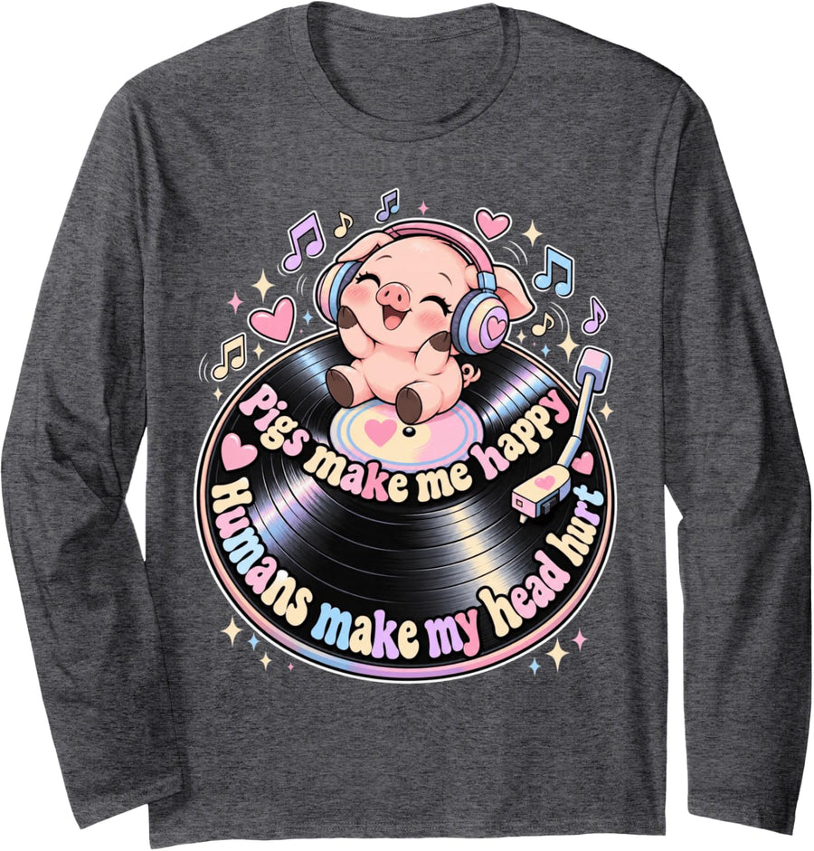 Pigs Make Me Happy Kawaii Piglet Funny Piggy Music DJ Long Sleeve T-Shirt - Adult Unisex Dark Heather Grey