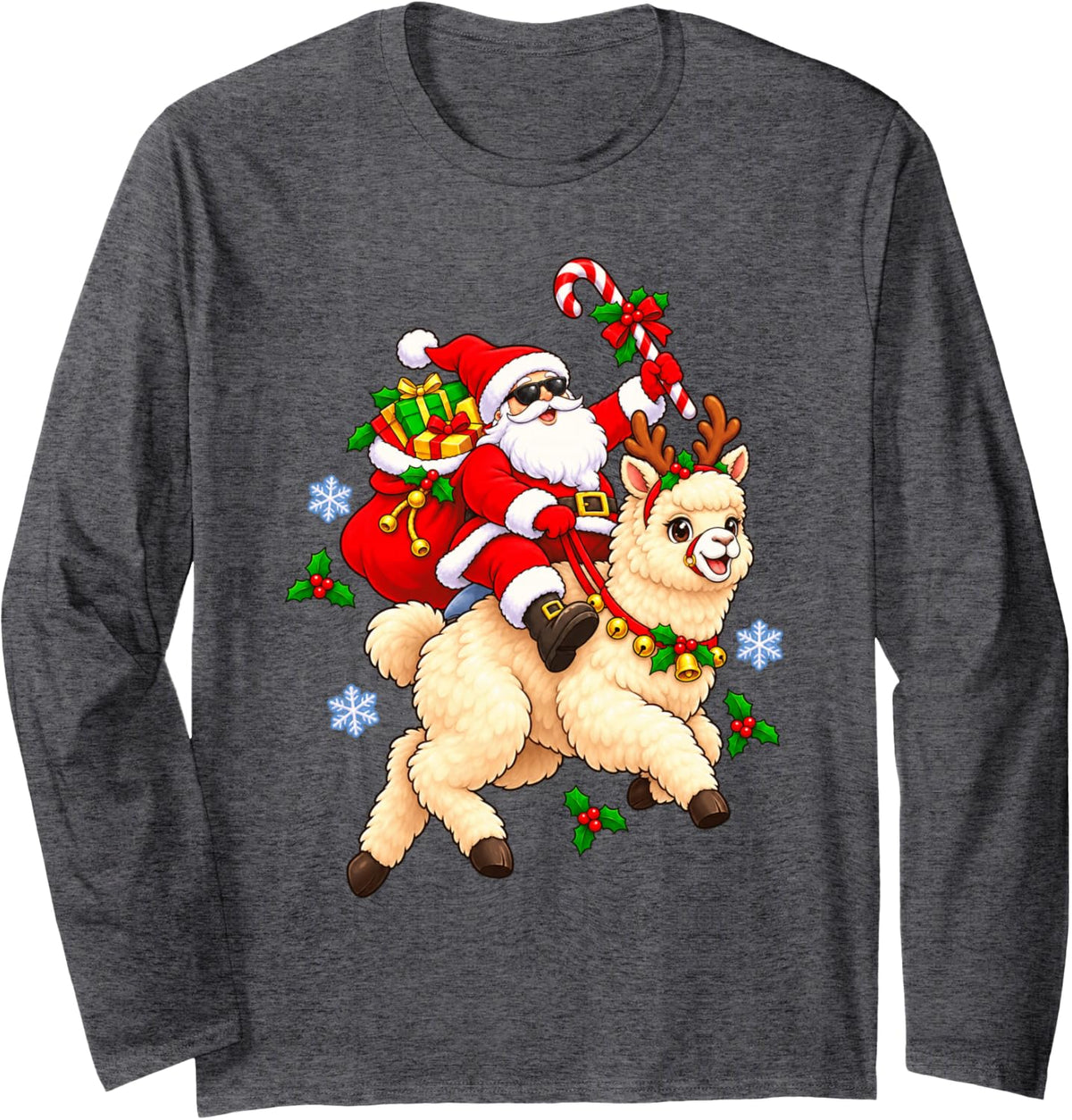 Christmas Santa Cheerful Alpaca Holiday Cartoon Illustration Long Sleeve T-Shirt - Adult Unisex Dark Heather Grey