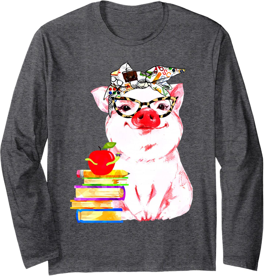 Funny Teacher Pig Cute Farm Animal Book Lover School Student Long Sleeve T-Shirt - Adult Unisex Dark Heather Grey