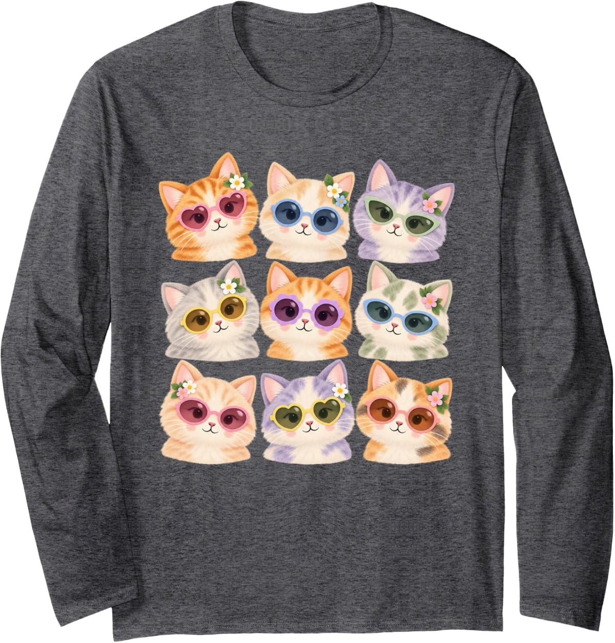 Soft Storybook Cat Lover Summer Vibes Tee Cats in Sunglasses Long Sleeve T-Shirt - Adult Unisex Dark Heather Grey