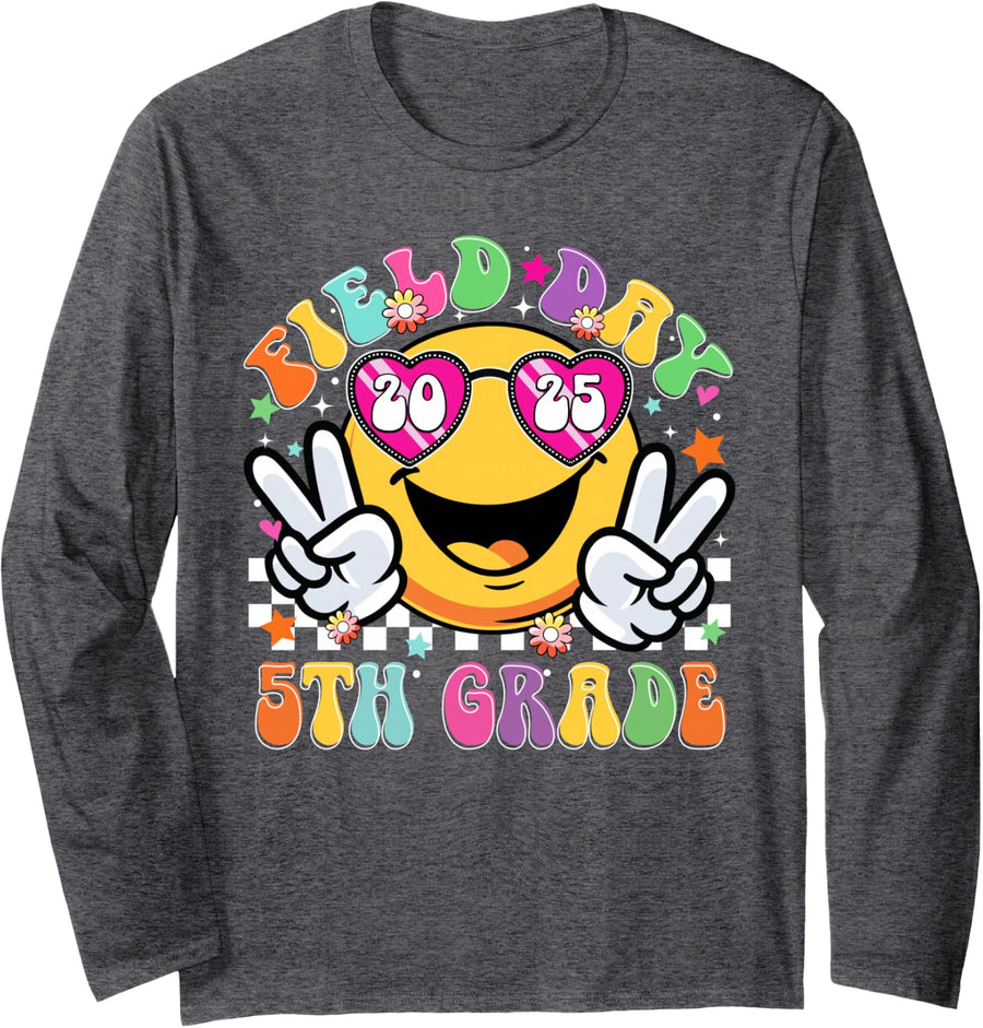 Field Day 2025 5th Grade School Teacher Kids Smile Face Long Sleeve T-Shirt - Adult Unisex Dark Heather Grey