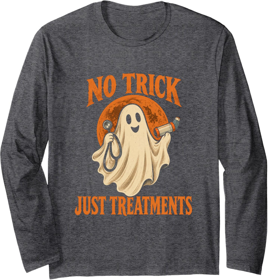 No Trick Just Treatments Respiratory Therapist Halloween Long Sleeve T-Shirt - Adult Unisex Dark Heather Grey