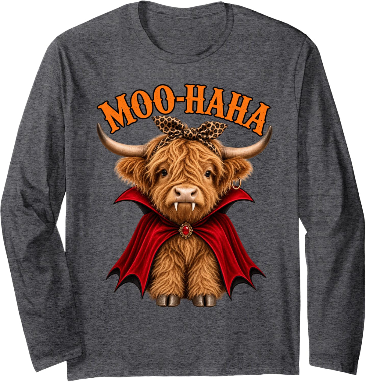 Moo Haha Highland Cow Vampire Funny Halloween Couple Woman Long Sleeve T-Shirt - Adult Unisex Dark Heather Grey