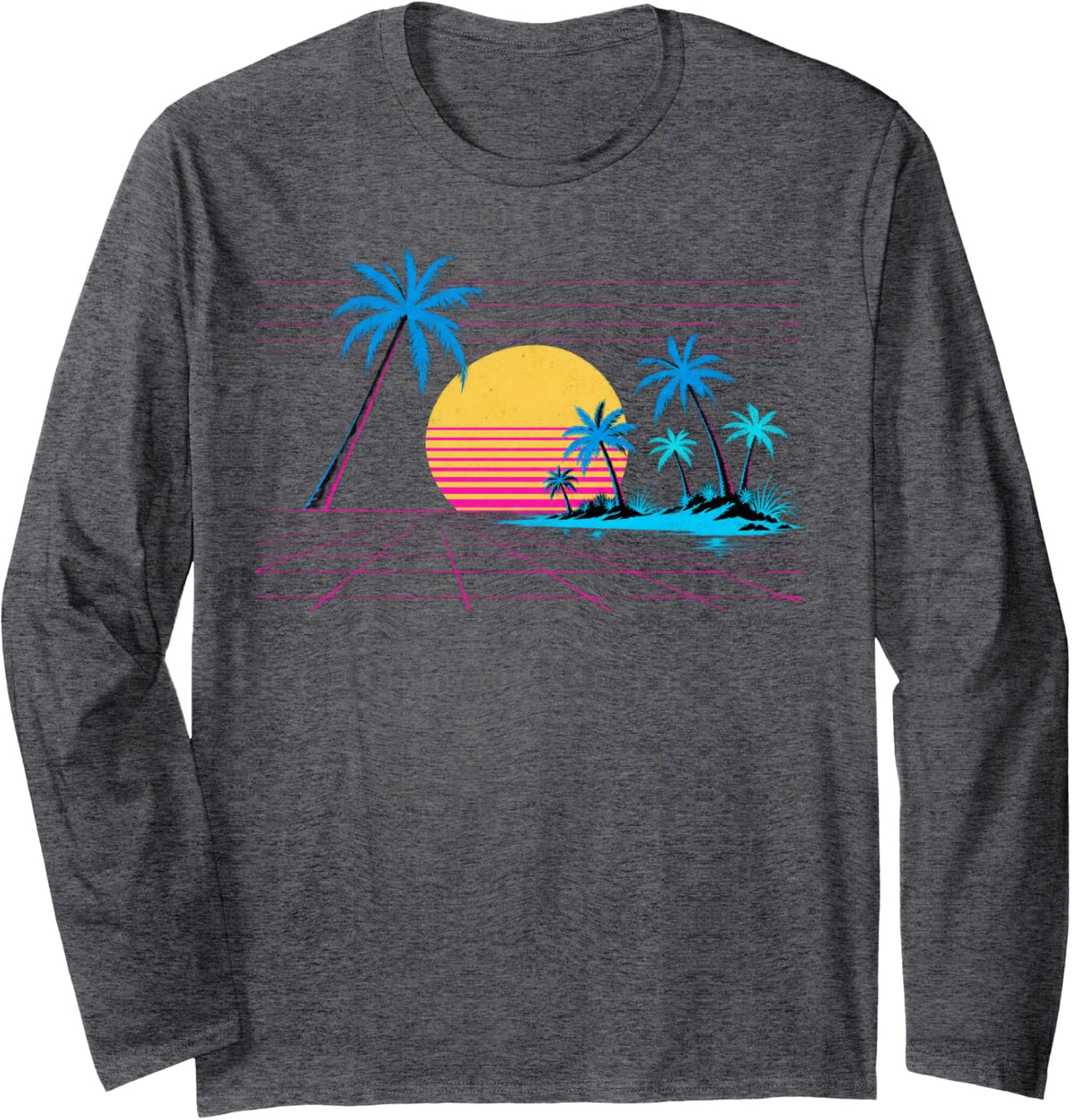 Retro Synthwave Sunset Palm Grid 80s Vaporwave Art Long Sleeve T-Shirt - Adult Unisex Dark Heather Grey