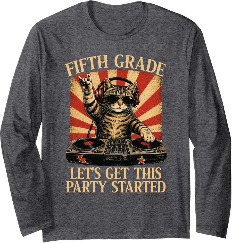 5th Grade Let's Get Party Started Cat Teacher Back to School Long Sleeve T-Shirt - Adult Unisex Dark Heather Grey