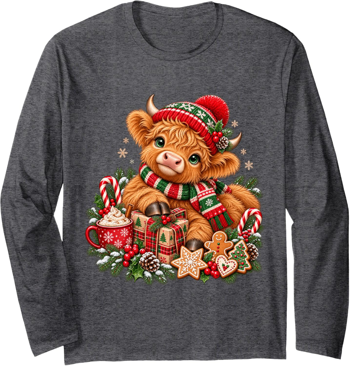 Funny Xmas Merry Moo Cows Highland Cow Christmas Long Sleeve T-Shirt - Adult Unisex Dark Heather Grey