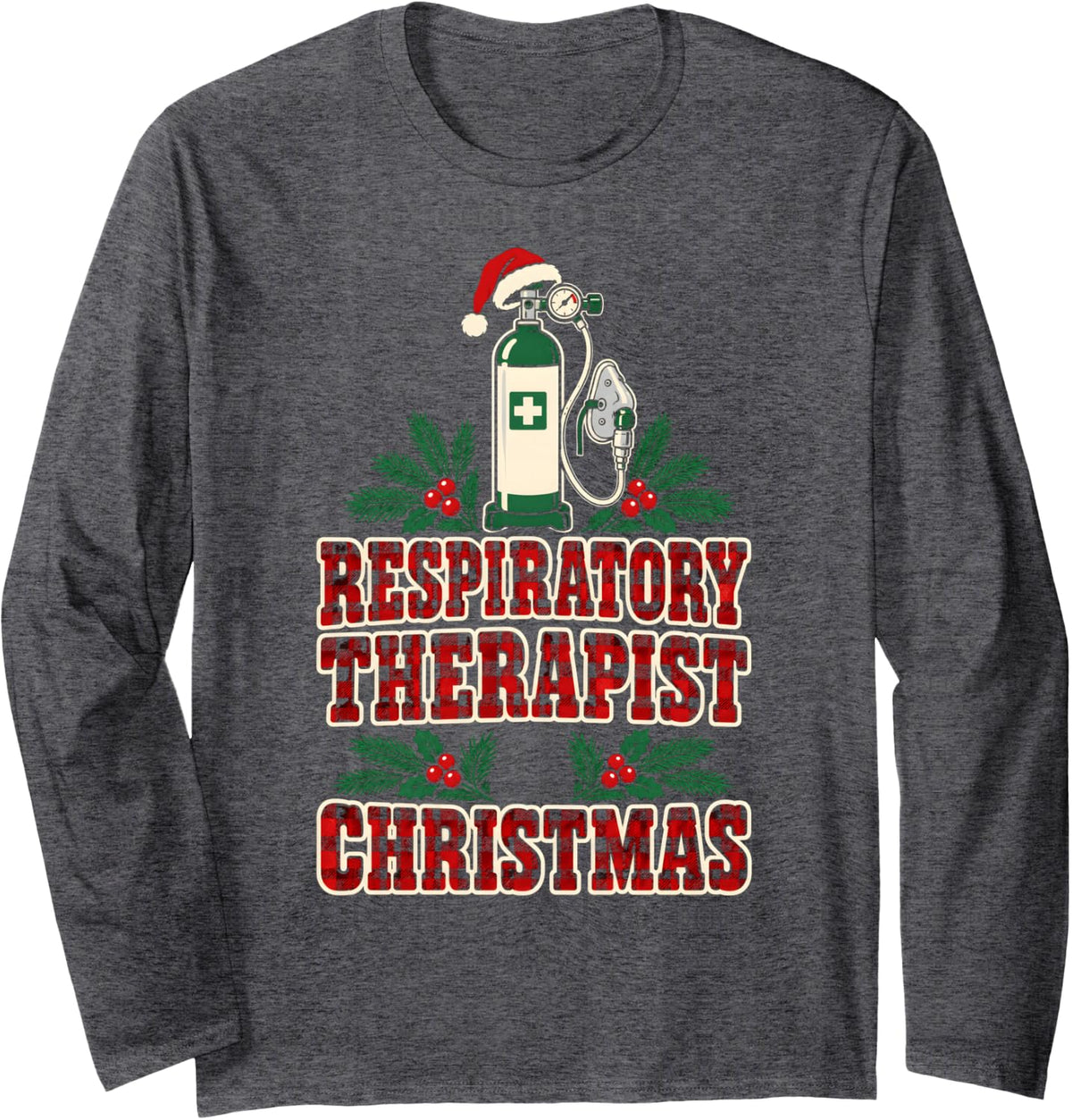Respiratory Therapist Christmas Buffalo Plaid Festive RT Long Sleeve T-Shirt - Adult Unisex Dark Heather Grey
