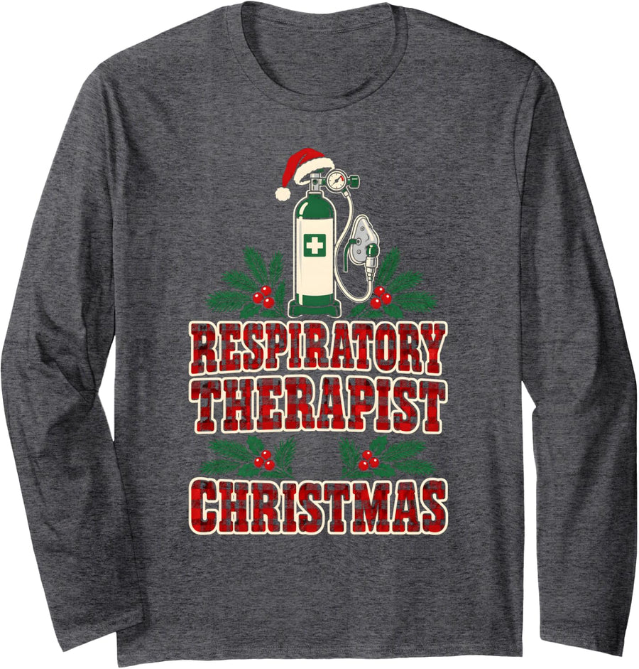 Respiratory Therapist Christmas Buffalo Plaid Festive RT Long Sleeve T-Shirt - Adult Unisex Dark Heather Grey
