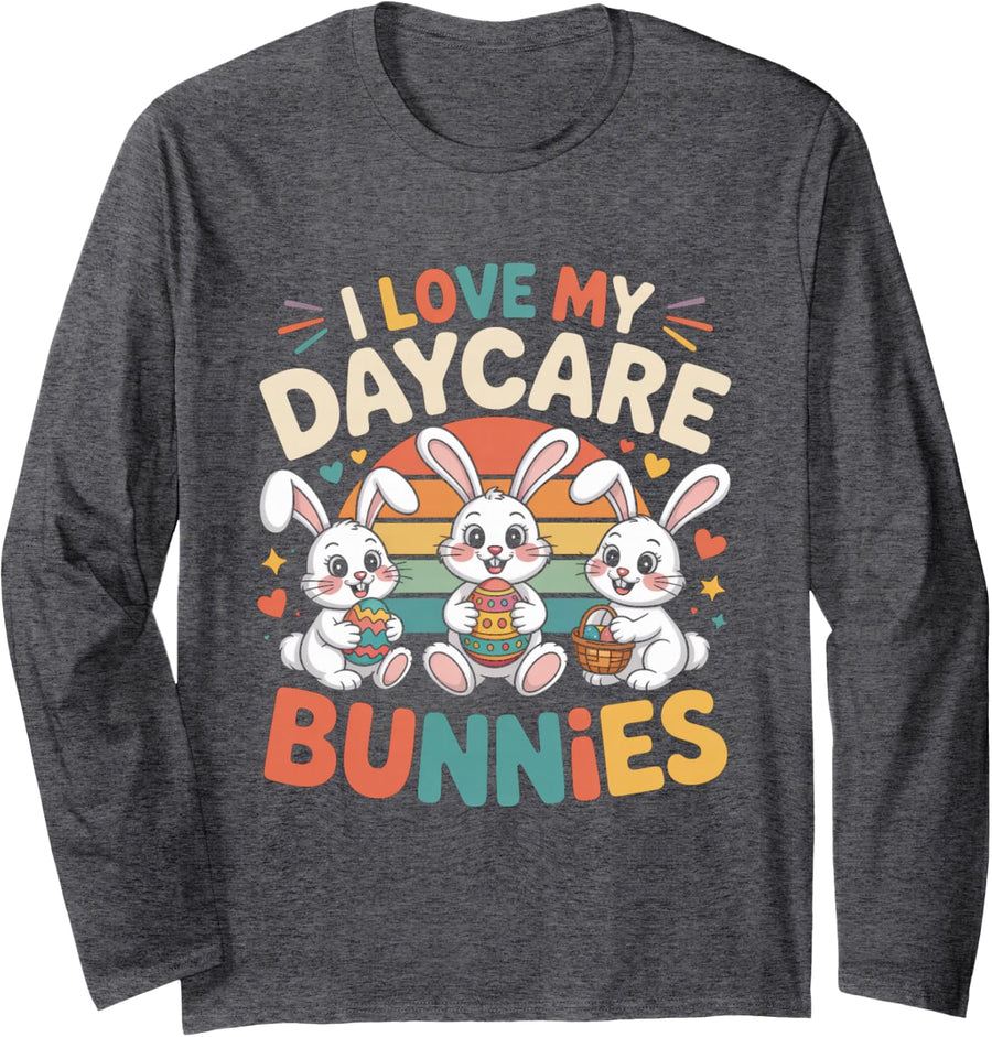 I Love My Daycare Bunnies Rabbit Childcare Long Sleeve T-Shirt - Adult Unisex Dark Heather Grey