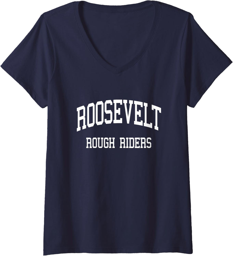 Womens Roosevelt High School HS Des Moines IA Retro Sports V-Neck T-Shirt - Navy Blue